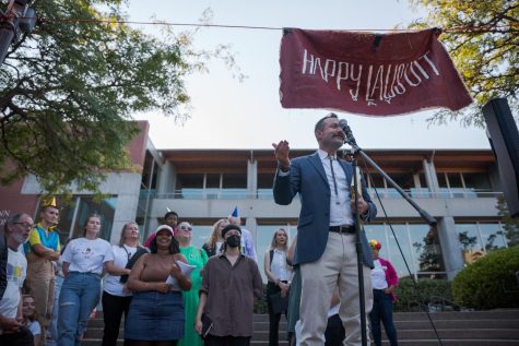 Attorney Paul Southick addresses protesters in Martin Square at Seattle Pacific University in Seattle, Wash., Monday, Sept. 12, 2022.
