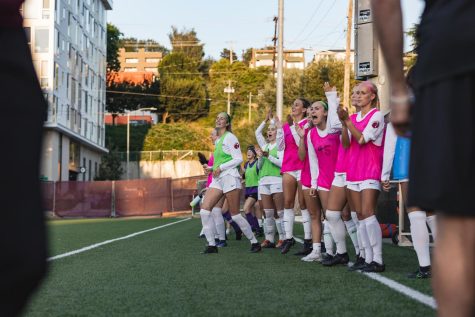 The bench celebrates Sofie Beedles game winning during the first half of their opening game against San Francisco State at Interbay Stadium in Seattle,Wash., Sept.1, 2022