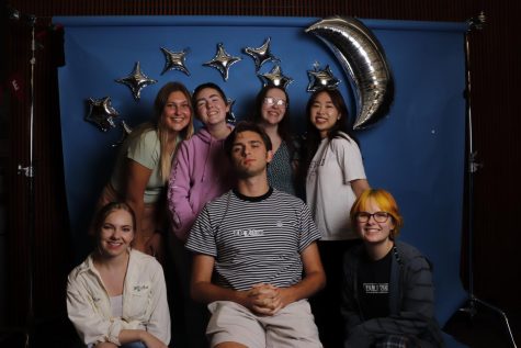 Falcon Staff from left to right Sydney Lorton, Aubrey Rhoadarmer, Emma Brown, Yuty Le, Perris Larson, Kyle Morrison and Audrey Oscarson pose for a photo at the Media Launch party. (Courtesy of Katie Chau)
