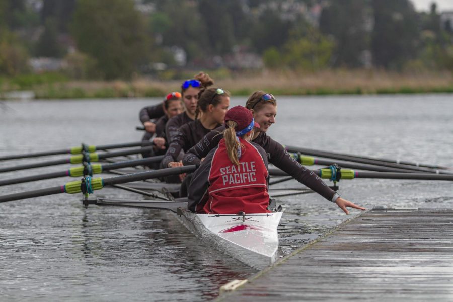 The SPU womens varsity 8 launches from the UW boathouse before their race in the Windermere Cup last spring.