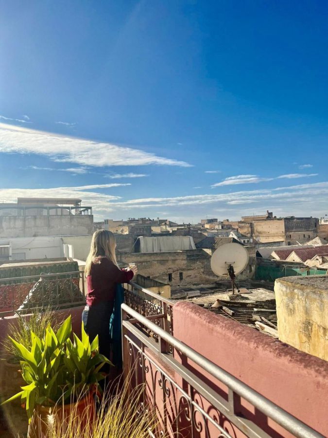 Perris Larson on a rooftop overlooking the town of Meknes.
