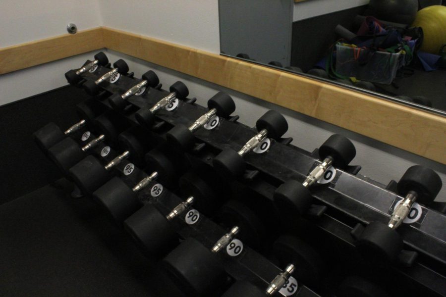 A collection of weights in variety of pounds in Seattle Pacific Universitys Royal Provillion Weight Room
