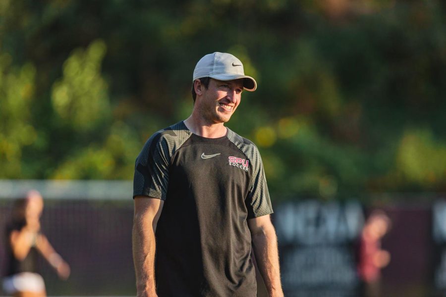 Seattle Pacific womens soccer assistant coach Derek Faulkner before the teams game against San Fransico State on Sept. 1, 2022.