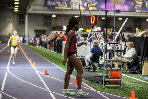 Vanessa Anyte of Seattle Pacific walks off the track before any of her competitors even cross the finish line after setting a D2 leading 2:08 800 meter run at the Dempsy Indoor facility on Jan. 14, 2023, in Seattle, Wash.