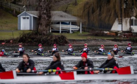 The SPU V8 boat pulls ahead of Seattle U during their second race of the day at the PLU invite regatta on Sat. March 4, 2023, in Lakewood, Wash.