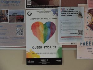 A poster advertising the Queer Stories One Acts is shown posted in the Student Union Building on campus.