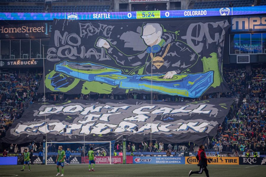 The Seattle Sounders supporters section unveils a tifo before the Major League Soccer match between the Seattle Sounders and the Colorado Rapids at Lumen Field on Sunday, Feb. 26, 2023, in Seattle, Washington. The Sounders won 4-0.