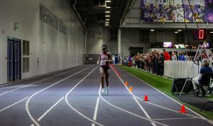 Vanessa Aniteye crosses the finish line in a D2 leading 800 meter time of 2:08.74 at the UW invite on Jan. 27. 2023. That time would improve to 2:06.84 at the National Championships to win Aniteye a national title in the 800m.