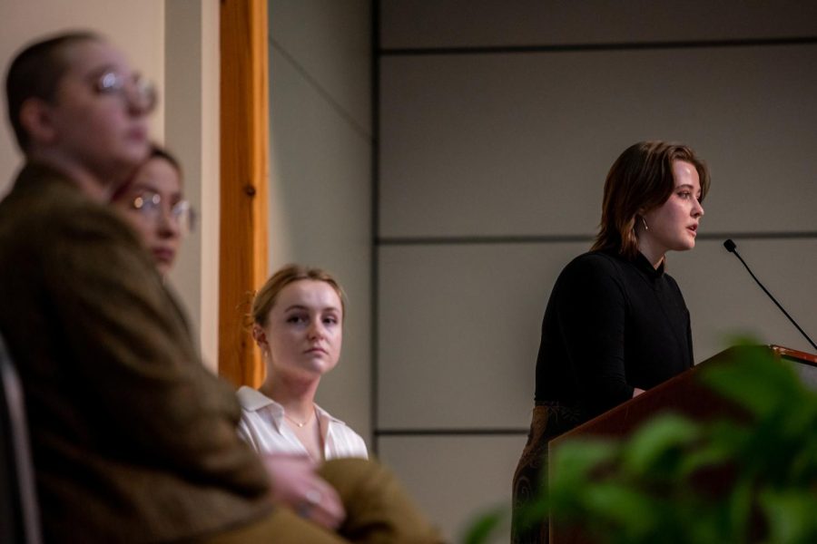 Isabel Bartosh, Lou Bridges, Rebecca Cavanaugh and Marisa Silva present in upper Gwinn at Seattle Pacific University on March 1, 2023.