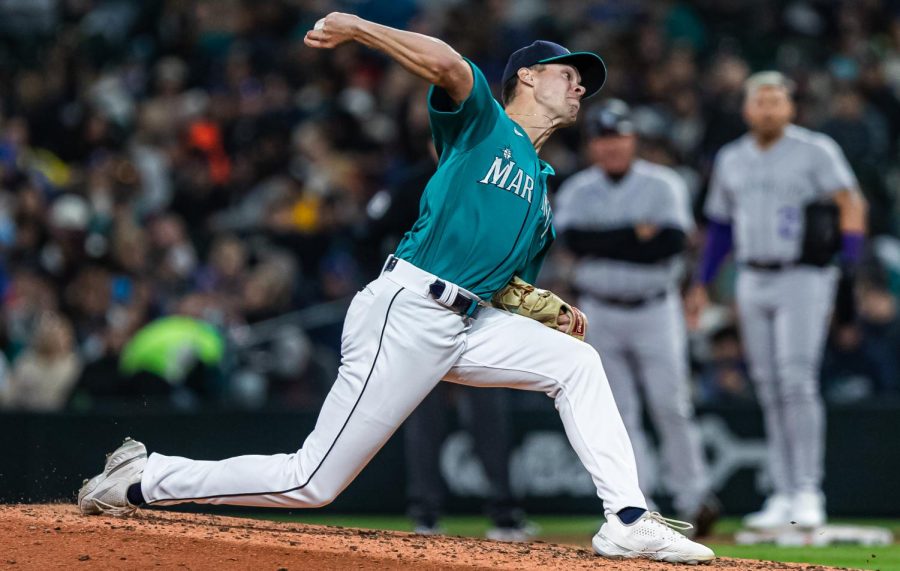 Seattle Mariners relief pitcher Matt Brash (47) warms up before the ninth inning of a baseball game Friday, April 14, 2023, in Seattle. The Mariners won 5-3.