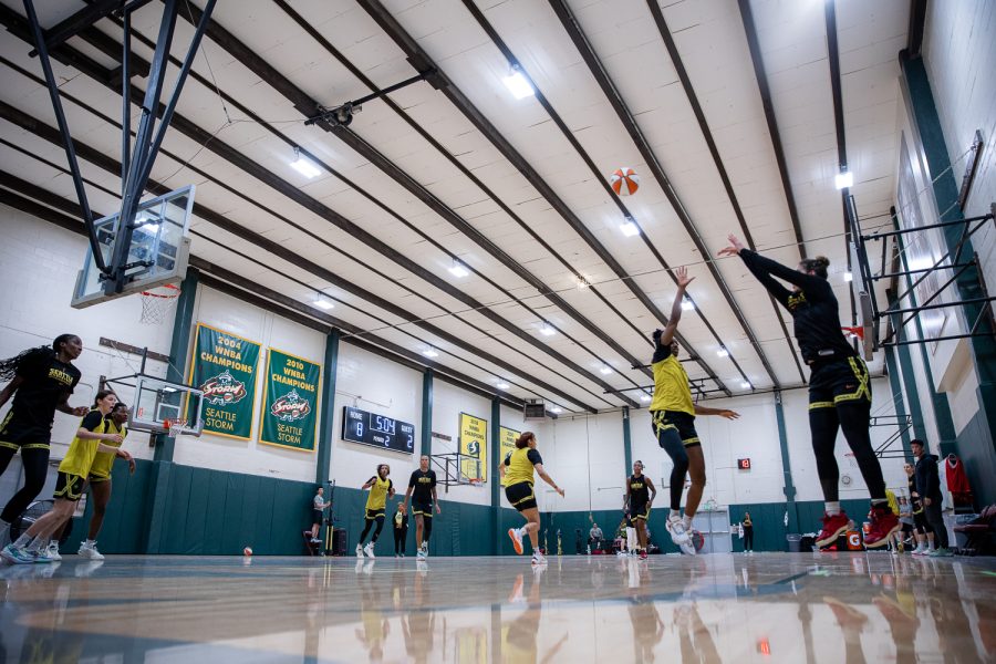 The Seattle Storm scrimmage during practice on Wednesday, May 24, 2023. The Storm train in Royal Brougham Pavilion.