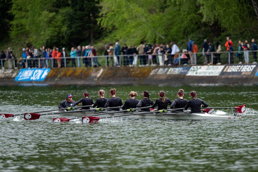 The SPU V8+ charges to the finish line during the opening day regatta in Seattle, Wash., on Saturday, May 6, 2023.