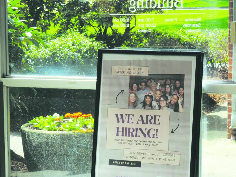 A sign advertising job openings at SPU’s Center for Career and Calling is shown in the Student Union Building on Tuesday, May 2, 2023. 