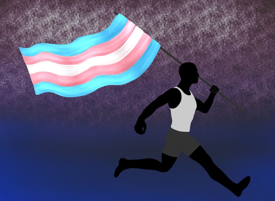A figure running with a transgender flag.