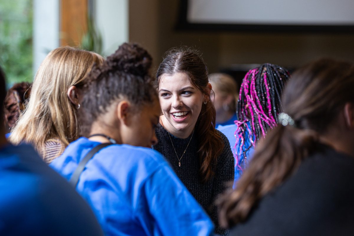 Students participate in an activity with their group at the 2023 Leadership Conference at Seattle Pacific University in Seattle, Wash., on Tuesday, Sept. 5, 2023.