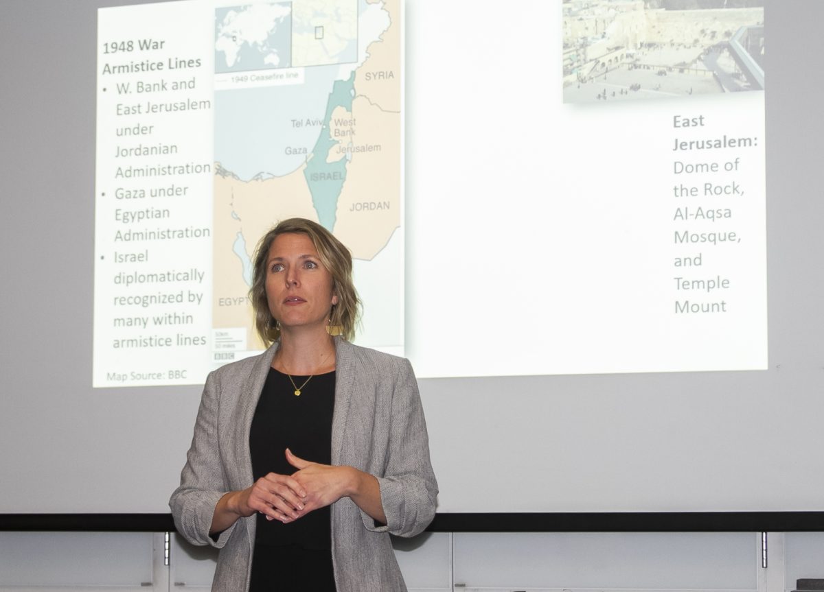 Dr. Alissa Walter speaks during a presentation on the Israel-Palestine conflict in Demaray 150 Wednesday, Oct. 18, 2023 in Seattle