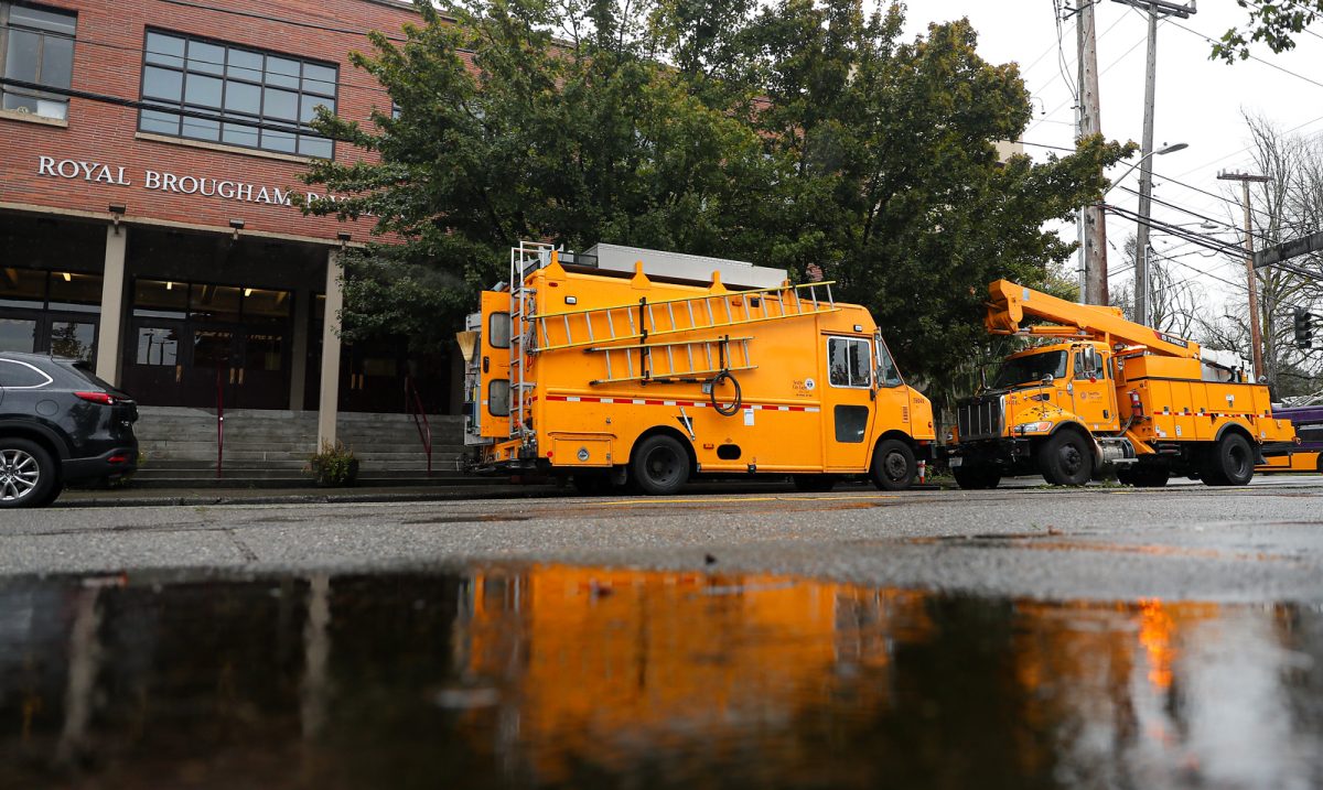 Seattle City Light tears down after restoring power to Otto Millar Hall and Royal Brougham Pavilion on Monday morning, Sept. 25, 2023. Due to the power outage classes in the two buildings were moved for the day.