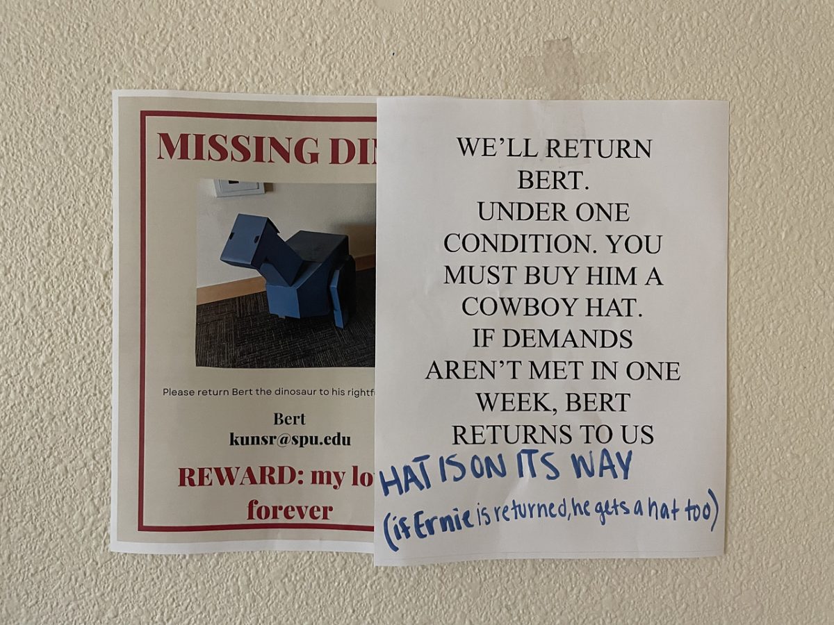 In Emerson Hall, a second year plus area, a “missing” sign was posted for a beloved dinosaur decoration that has been recently returned. Next to it a demand sign posted with listed conditions for its arrival. October 16th 2023