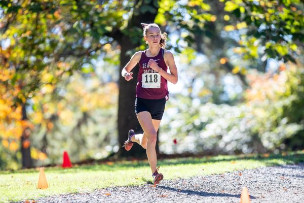 Seattle Pacific University junior Annika Esvelt makes her way around the two kilometer loop at the Emerald City Open on Saturday, Oct. 7, 2023, at Woodland Park in Seattle. 