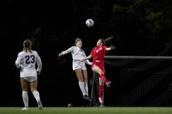 Seattle Pacific University defender Marissa Bankey (10) goes up for a header with Simon Fraser University forward Kiera Scott (9) during the second half of an NCAA Soccer game on Saturday, Oct. 4, 2023, in Seattle. The two teams played to a 1-1 draw.