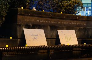 Signs asking for words of grief and hope are displayed in Martin Square on Tuesday, Nov. 7, 2023, during a candlelight vigil for the violence that has occurred during the Israeli-Palestinian conflict. The signs have been moved to the second floor of the Student Union Building and will remain there until the end of the quarter for those who wish to add to them.