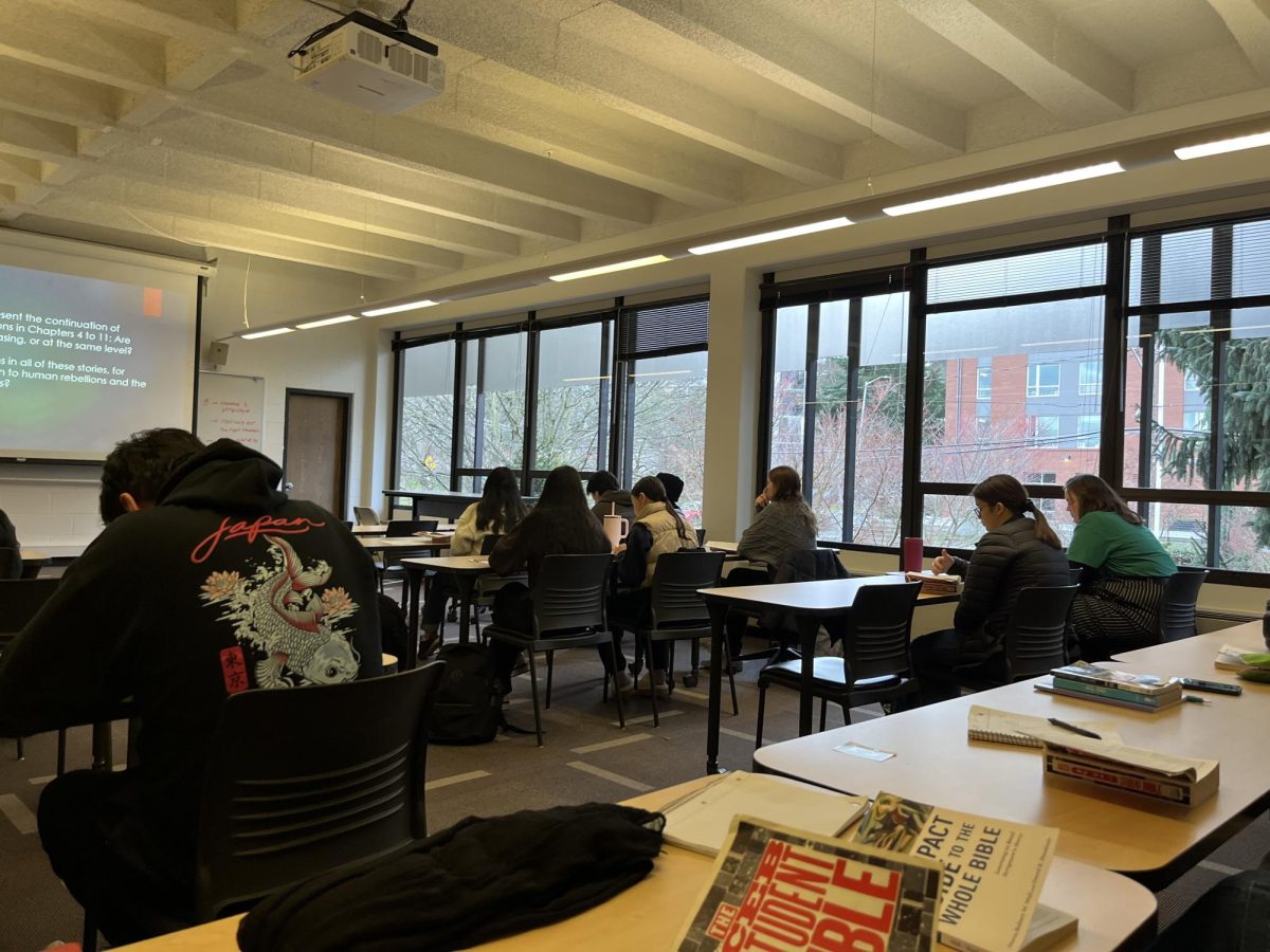 A study bible sits among the students in a University Foundations class at Seattle Pacific University on Friday, Jan. 12, 2023, in Seattle.