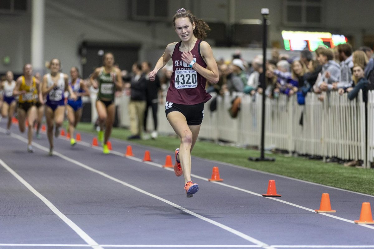 Annika Esvelt makes her way to the finish line during the 5000 meter race at Husky Classic on Friday, Feb. 9, 2024, in Seattle. Esvelt ran a time of 16:31.43 just shy of her personal best but good for eleventh in all of division two this year.