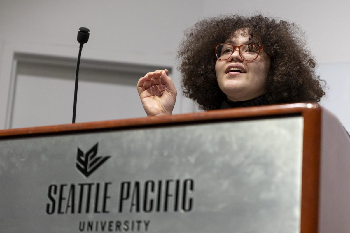 Esther Smith speaks during an election forum in Demaray Hall at Seattle Pacific University on Monday, Feb. 12, 2024. Smith was elected as the next ASSP president on Feb. 14, 2024.
