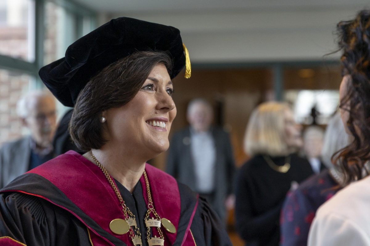 Seattle Pacific University President Dr. Deana Porterfield smiles after her inauguration ceremony at the First Free Methodist Church on Friday, Feb. 23, 2024, in Seattle.
