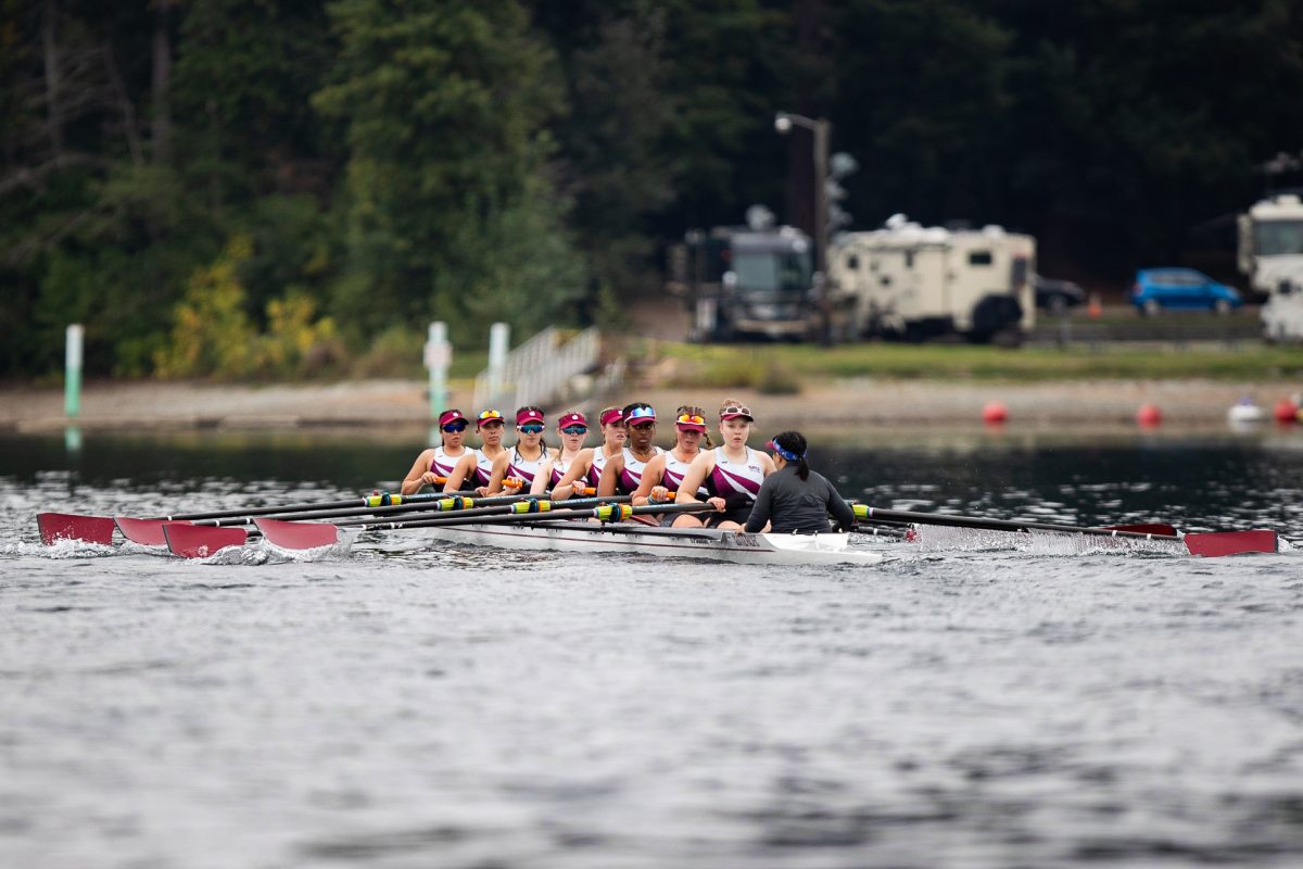 The Seattle Pacific University open 8+ competes in the American Lake Fall Classic on Oct. 8, 2023, in Lakewood. The women’s rowing team opens their spring season back at American Lake for the American Lake Sprints on Saturday, Mar. 9, 2024.