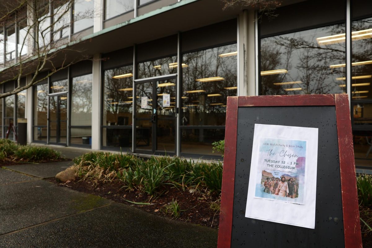 FILE- A sign advertising the UCM bible study is displayed outside of the collegium on January 30, 2024, in Seattle.