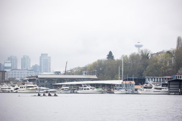 The Seattle Pacific University open 4+ makes their way out on to Lake Union ahead of the start of their flight two race at the Falcon Regatta on Saturday, Mar. 23, 2024, in Seattle.