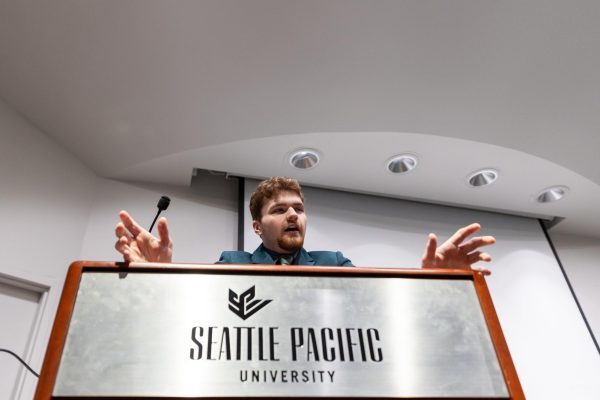 Seattle Pacific University ASSP Vice President Elect Callaghan Bluechel speaks during the election forum on Feb. 12, 2024, in Seattle.