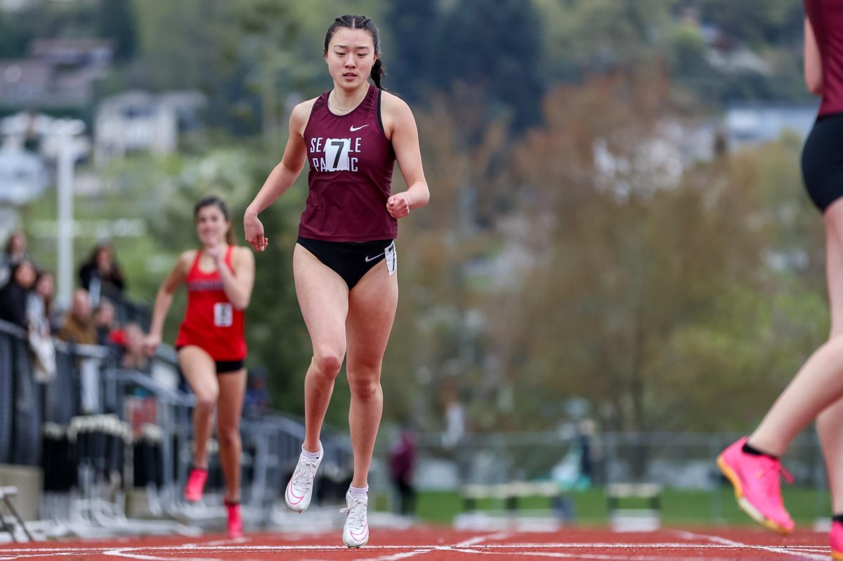 Seattle Pacific University senior sprinter Charisma Smith crosses the finish line after the 400 at the Doris Heritage on April 5, 2024, in Renton, Wash. Smith ran a PR in the 200 this past weekend at the CWU invite.