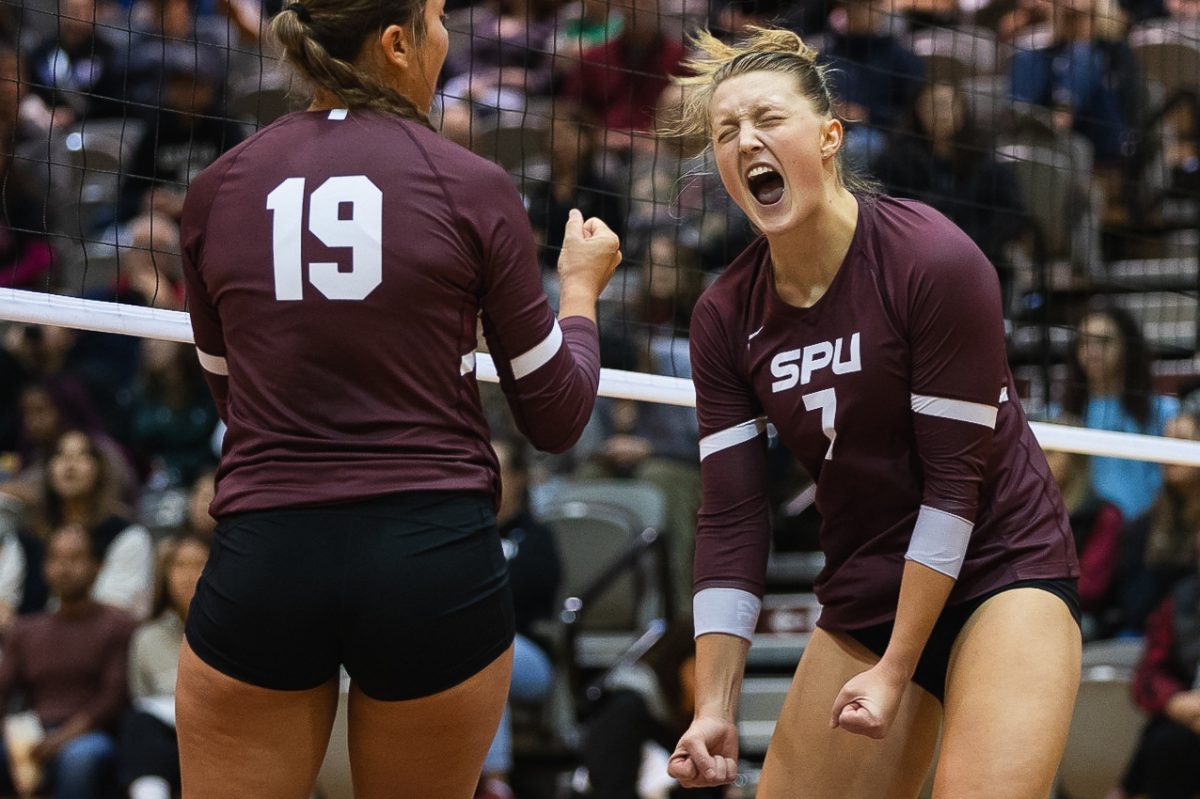 Seattle Pacific Univeristy middle blocker Hannah Hair reacts after getting a kill during a match on September 23, 2023, in Seattle.