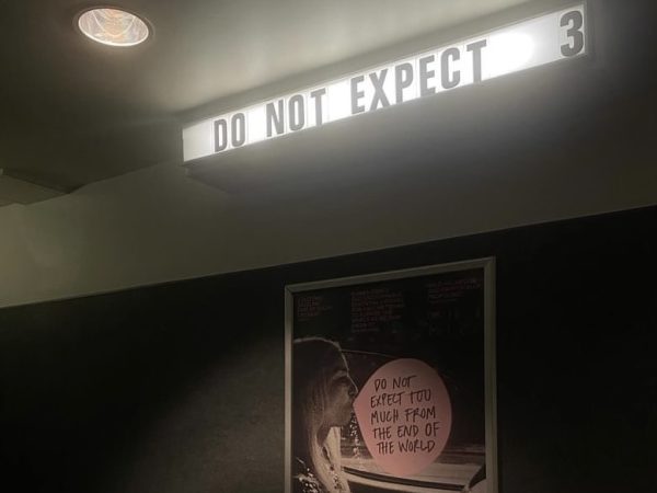 A poster for “Do Not Expect Much from the End of the World” is displayed in a theater.