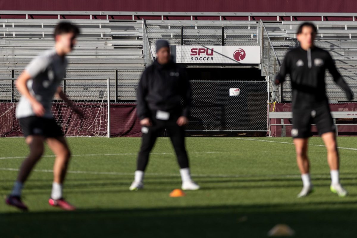 Members of the Seattle Pacific University mens soccer team practice at Interbay Stadium on Feb. 26, 2024, in Seattle. 
