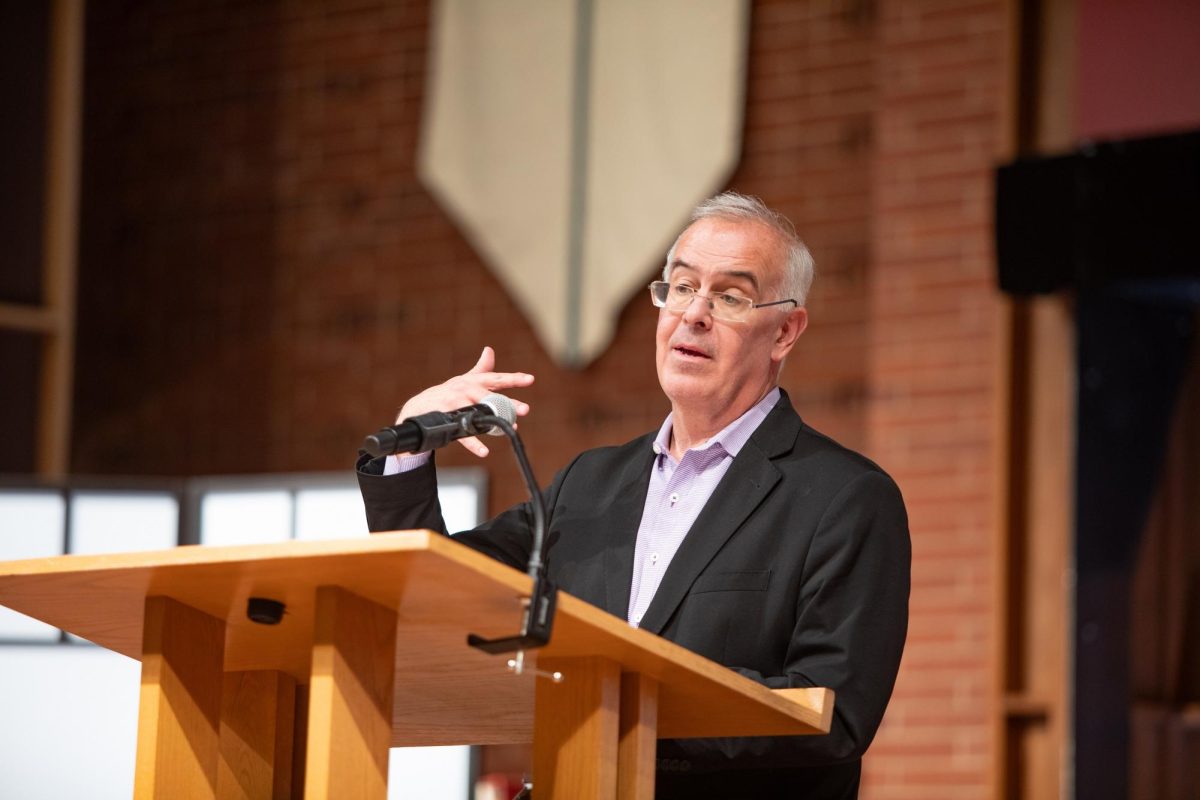 Author David Brooks speaks about his new book at the First Free Methodist Church on Thursday, April 11, 2024, in Seattle. (Courtesy of SPU Communications)