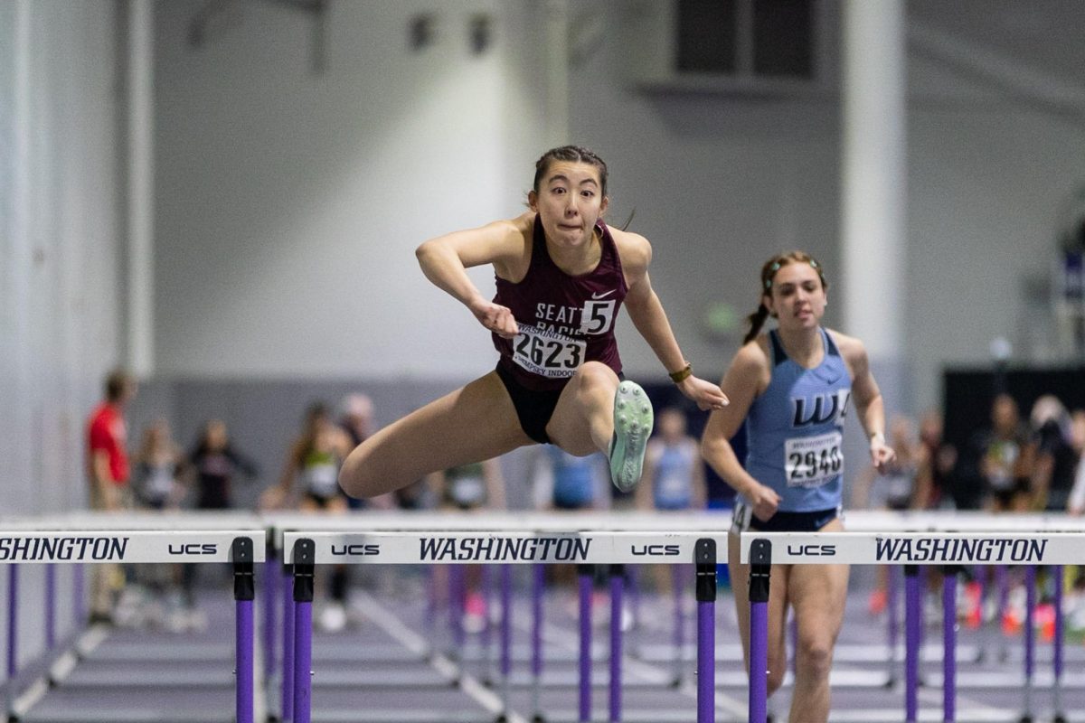 Sophomore multi-events athlete Hannah Chang competes in the 60m hurdles on Jan. 13, 2024, in Seattle.