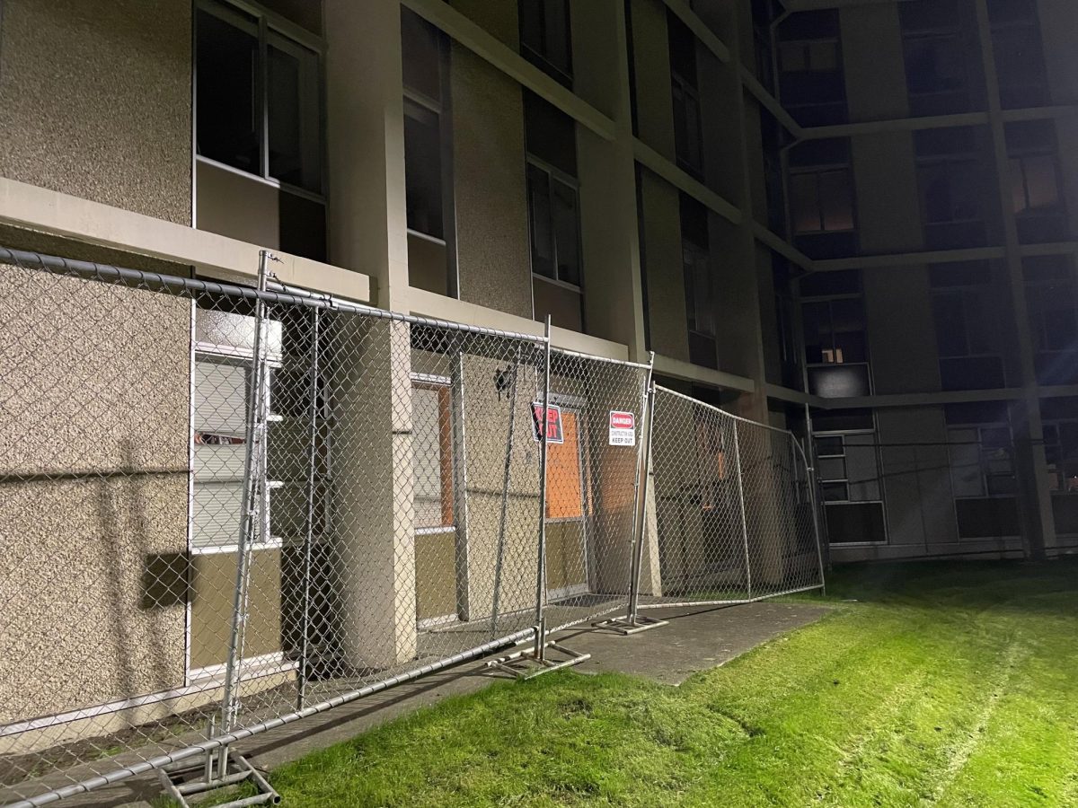 FILE - The Ashton Hall RLC apartment outdoor entrance is gated with Keep Out and Danger signs during renovations on Oct. 27, 2023.

