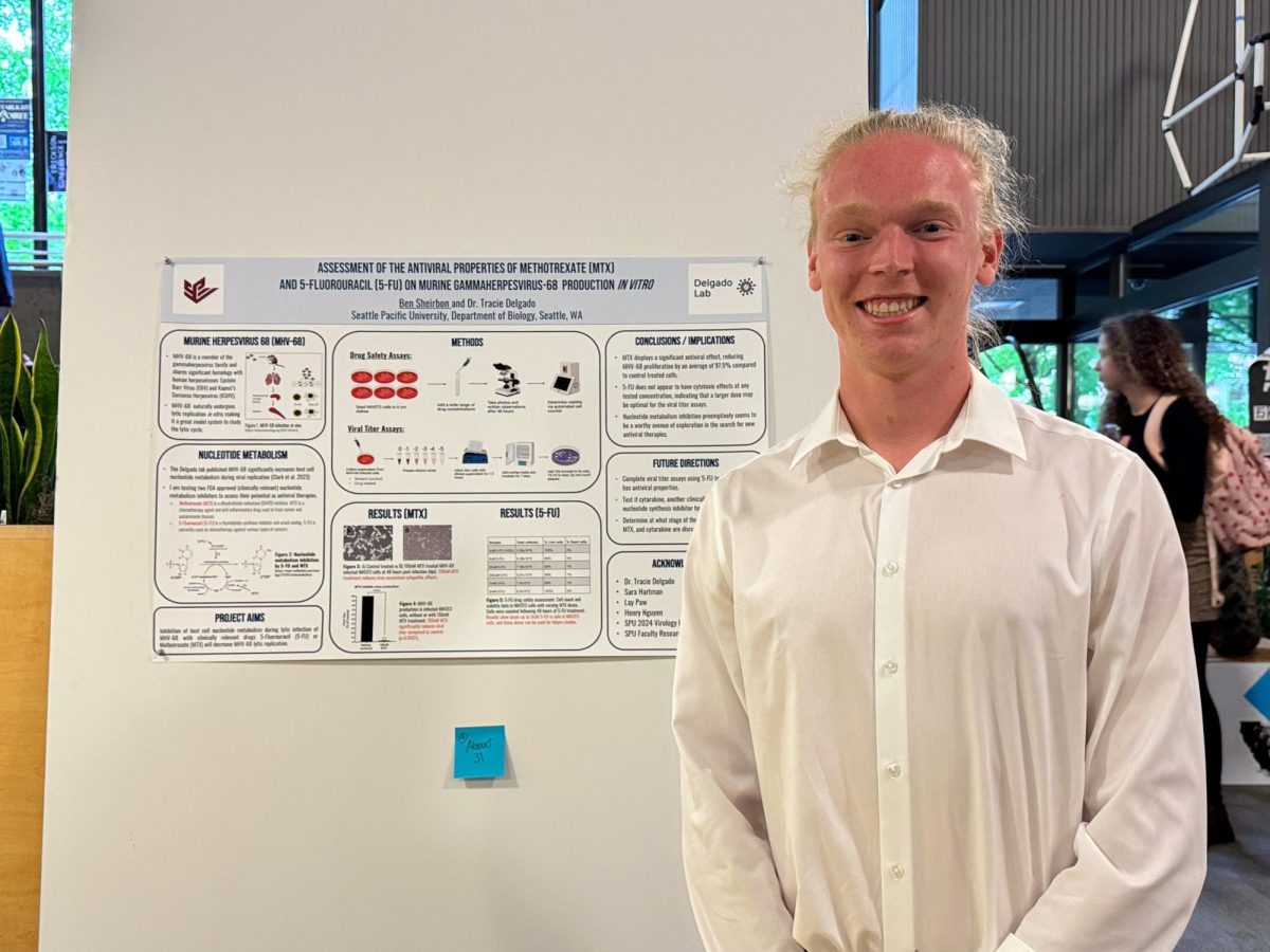 Ben Sheirbon poses for a photo with his research poster during the Erickson Conference in Otto Miller Hall. (Courtesy of Ben Sheirbon)