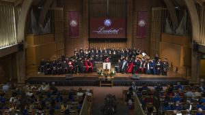 President Porterfield (center) speaking at her inauguration as the 12th president of SPU on Feb. 23 at First Free Methodist Church. 