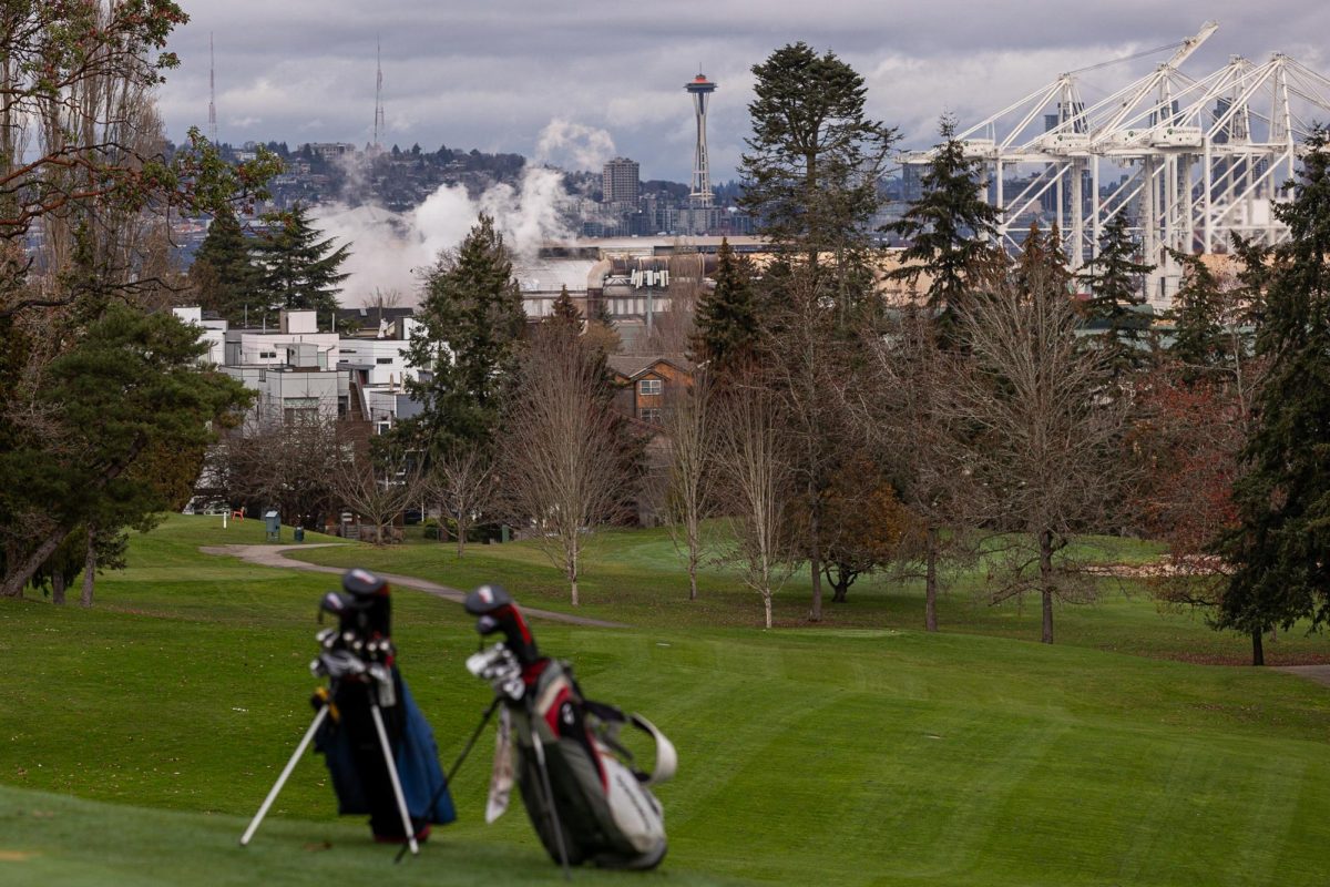 The Seattle skyline can be seen from the 13th green at West Seattle Golf Course on Jan. 27, 2023, in Seattle. The West Seattle Golf Course will be the main partner course for the new program.