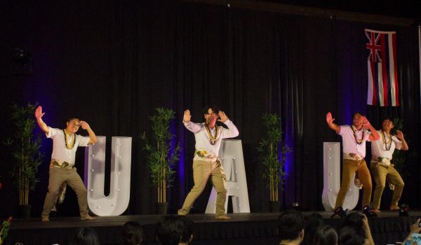Students JJ Somera, Cam Banis, Ezra Michel, and Ylliam Umipig perform a mens hula number at the 2023 Luau.
