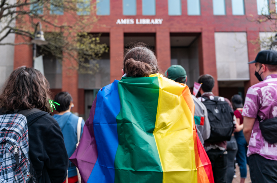 Seattle Pacific University students gather in front of Ames Library on the SPU campus in Seattle, on May 15, 2022.