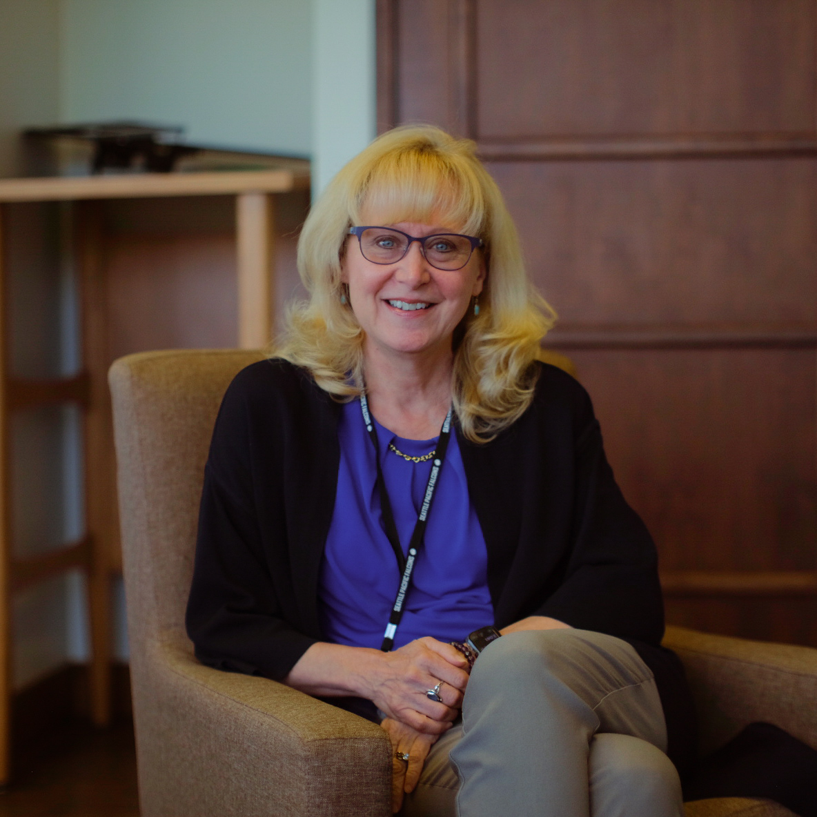 SPU Vice President for Academic Affairs Kathy Lustyk poses in her office located in Demaray Hall.