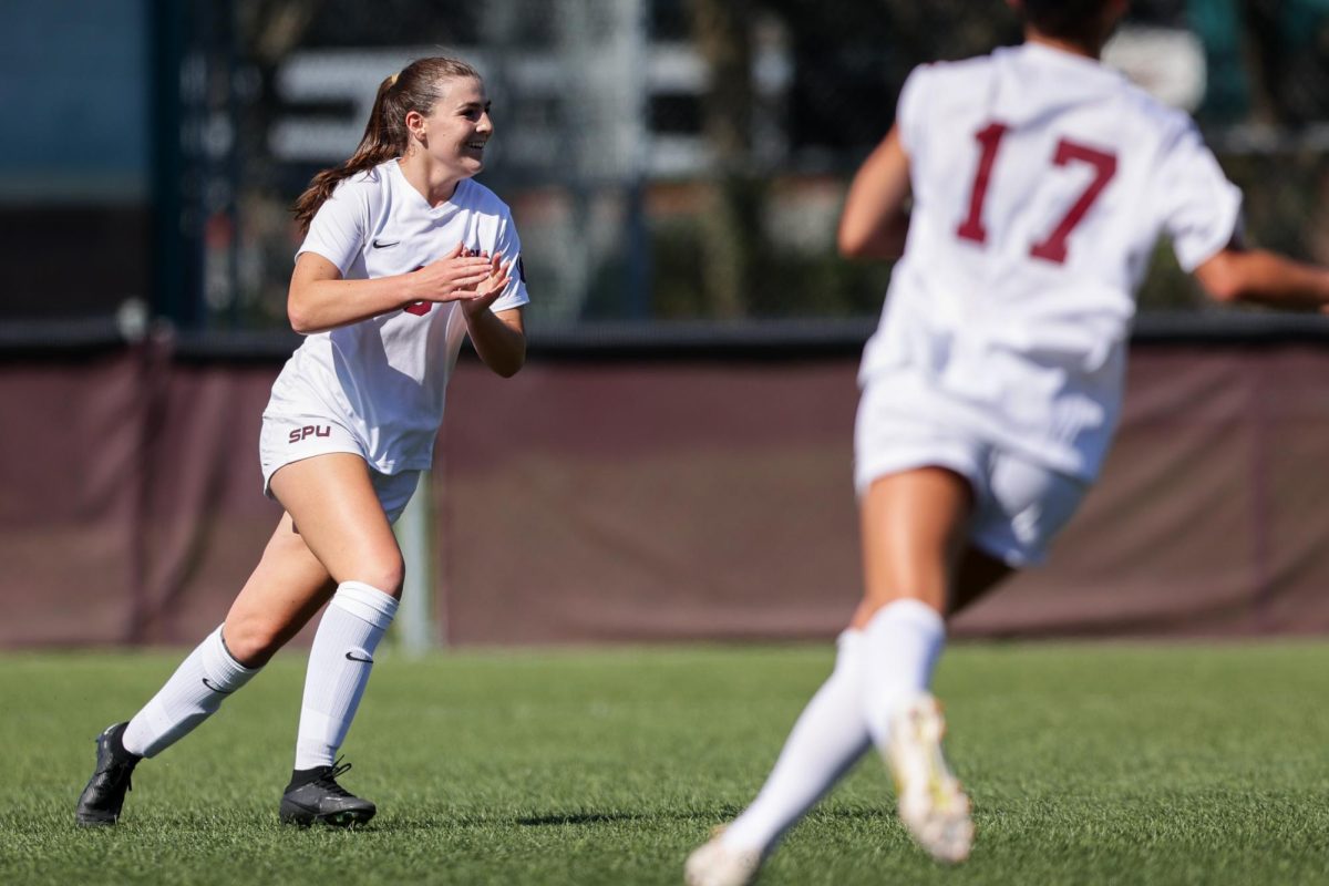 Seattle Pacific forward Nora Patterson (3) reacts after scoring, Friday, Aug. 30, 2024, in Seattle.