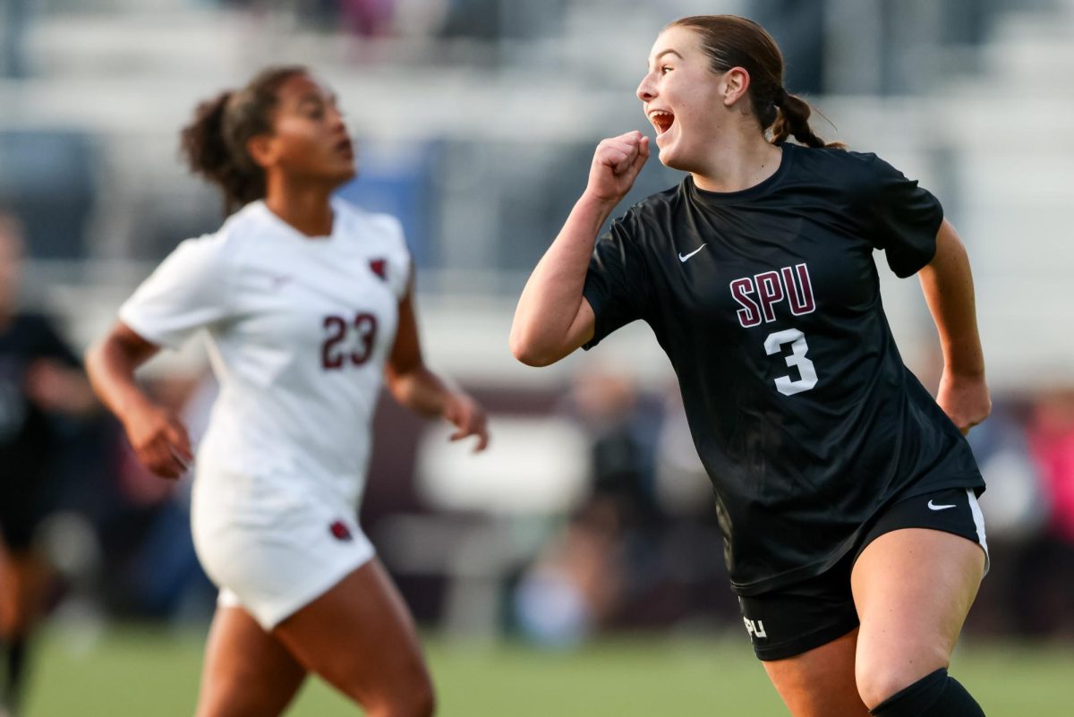 Seattle Pacific forward Nora Patterson (3) celebrates after scoring against Central Washington University, Saturday, Oct. 5, 2024, in Seattle.