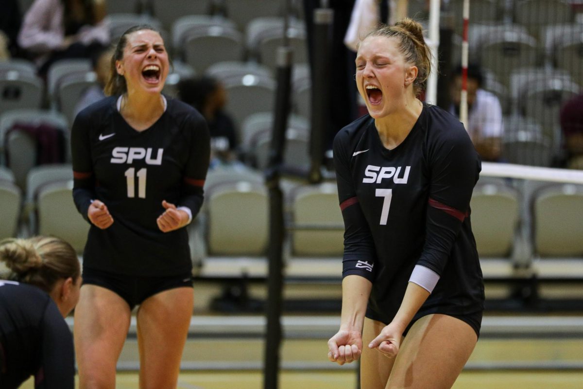 Seattle Pacific University middle blocker Hannah Hair (7) reacts after a point against the University of Alaska Anchorage, Saturday, Oct. 5, 2024, in Seattle.