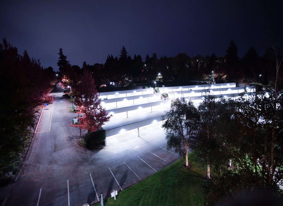 The Dravus parking lot at night.